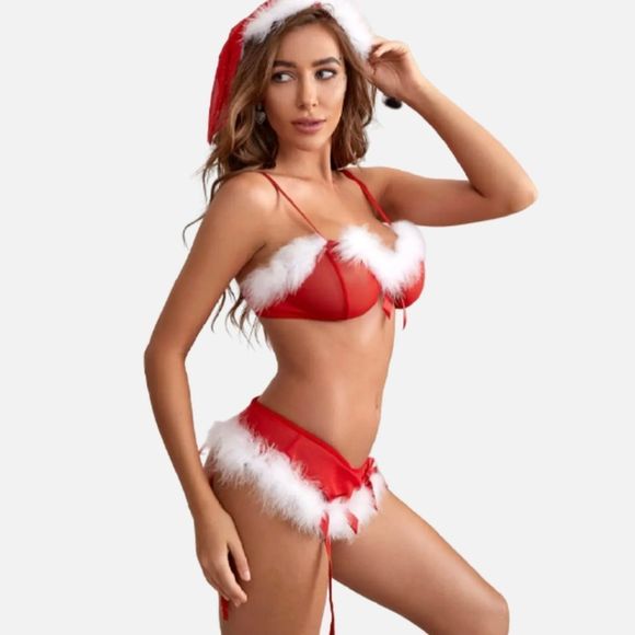 Mesh-Fuzzy-Trim-Garter-Costume-Set-Hat-Bra-Set-Christmas-Cosplay-Sexy-Lingerie - Picture 8 of 11